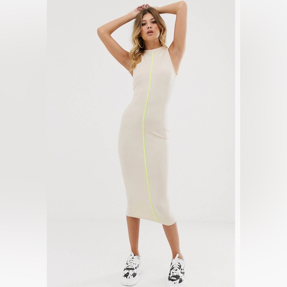 Missguided midi bodycon sleeveless ribbed dress with neon piping in stone